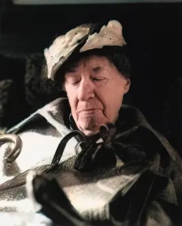 Handbags: Tired elderly woman on a train