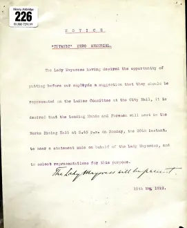 Typewritten: Titanic Hero Memorial notice, Belfast