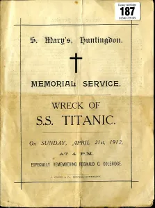 Huntingdon: Titanic memorial service programme, St Mary's Huntingdon