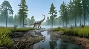 Stocktrek Images: Titanosaurus dinosaur roaming a Cretaceous forest