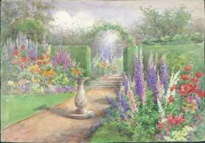 Hedging: (No title). Garden with flower borders, hedging and sundial