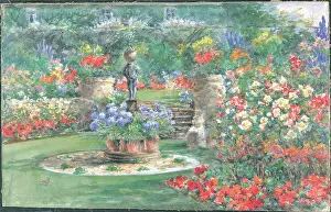 Pressland: (No title). Garden with flowers, statue, steps and trellace