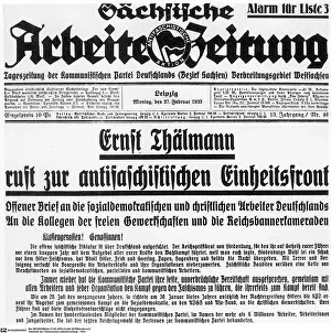 Thaelmann: Title page of the Saechsischen Arbeiterzeitung, 1933
