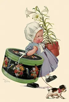 Potted: Toddler with Lilies and Small Dog