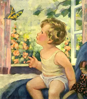 Gently: Toddler Watches Butterfly at Window