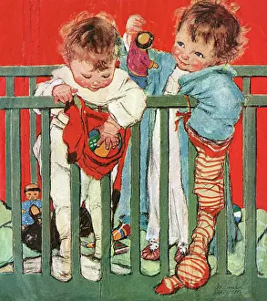 Muriel Dawson Collection: Two toddlers in their cot by Muriel Dawson