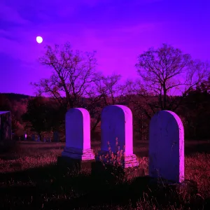 Ger002: Three Tombstones in Dark Cemetery under Bright