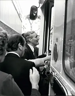 Imminent: Tony Benn attempts to board bus while in Blackpool