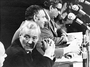 Microphones: Tony Benn, John Silkin and Denis Healey at a conference