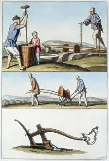 Pounding: Top: Pounding rice in a pestel and mortar. Mid: