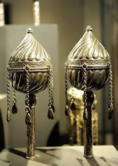 Persia: Torah finials. Persia, ca. 1921. Silver, repousse and cast