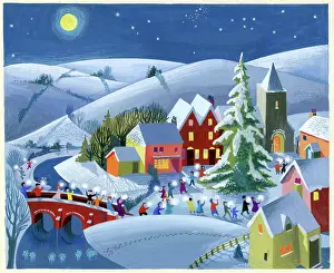 Torchlight: Torchlight procession to church in snow