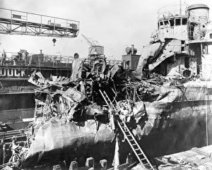 Torpedoed: Torpedoed British ship in dock, WW1