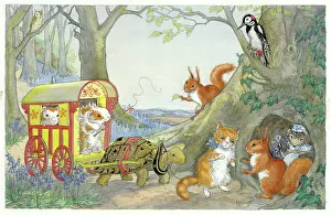 Tortoises: A tortoise pulling a carriage past some woodland creatures