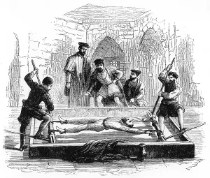 Torturing: Torturing a prisoner on the rack in sixteenth