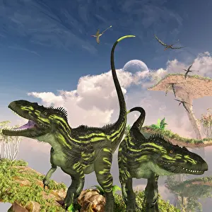 Rhamphorhynchus: Torvosaurus dinosaurs on a cliff searching for prey