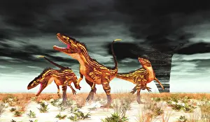 Thunderstorm: Torvosaurus dinosaurs run to escape a tornado