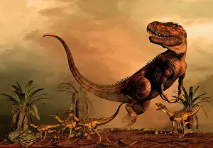 Prowling: A Torvosaurus on the prowl while a group of Ornitholestes ?