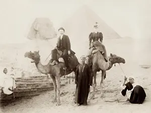 Dromedary: Tourists on camels with guides visiting the Sphinx