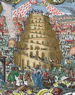 Genesis: The Tower of Babel. Engraving. Colored