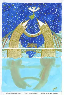 Overlay: Tower Bridge under a dove holding mistletoe