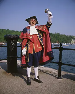 Cryer: Town crier in action, Fowey, Cornwall