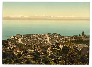 Neuchatel: The town, general view showing the Alps, Neuchatel, Switzerl