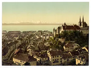 Neuchatel: The town, general view showing the alps, Neuchatel, and the