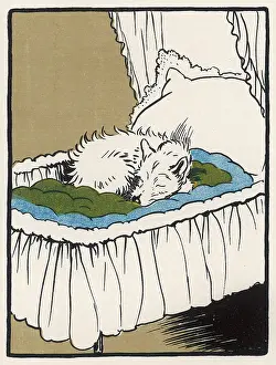 Valance: Towser the dog asleep in the baby's cot