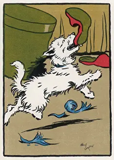 Hatbox: Towser the dog with red slippers