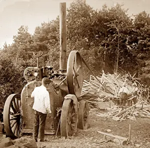 Powering: Traction engine powering a saw mill, Victorian period