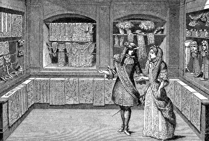 Leclerc: trade, stores, textiles, couple in a store, copper
