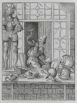 Lacroix: The trades. The armourer, 16th century. Engraving