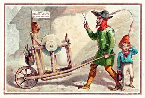 Grindstone: Tradesman sharpening scissors on a Christmas card