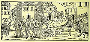 Shrove: tradition, carnival, virgins pulling cart, woodcut