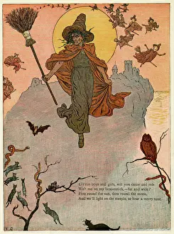 Broomstick: Traditional witch flying through the air