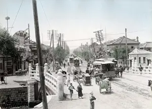 Meiji: Traffic, trams, telegraph poles, Tokyo, Japan, c.1890's
