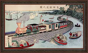 Takanawa: Train crossing a causeway across a bay on the