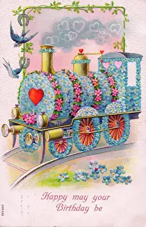 Forgetmenot: Train decorated with flowers on a birthday postcard