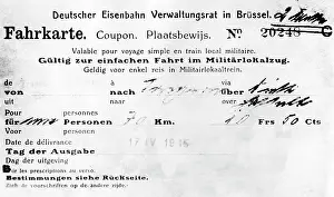 Logistics: Train ticket for the military train in Belgium, 1915