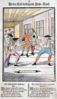 Schoolbook: Two trainees during fencing lesson