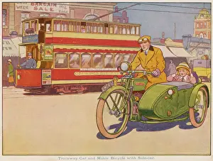 Motorcycling: Tramway car and motor bicycle with side-car