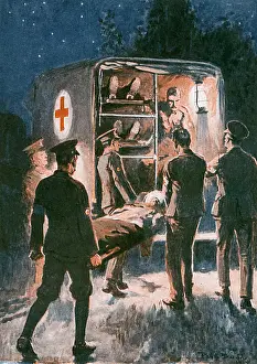 Transferring: Transferring the wounded into a motor ambulance, WW1