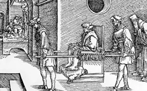Illustrates: Transport of a gout sufferer, 16th century