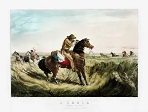 1853: A trapper on horseback and wearing buckskin aiming