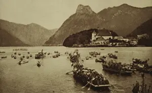 Collotype: Traunkirchen. Corpus Christi procession on Traunsee