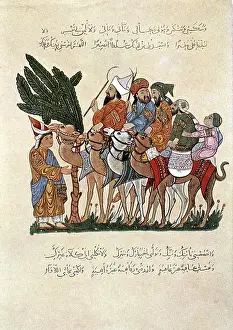 Greeted: Travellers on camels, greeted at end of their