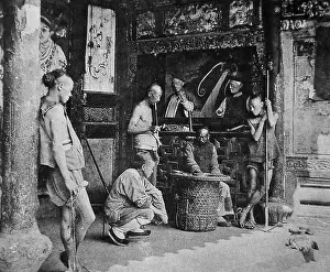 Wayside: Travellers at wayside shrine, China