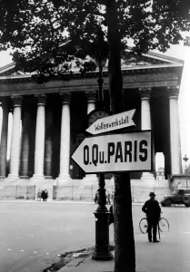 Madeleine: Tree with signs in front of La Madeleine in Paris, 1940