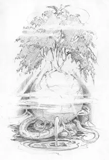 Coiled: A tree sits atop a sphere, which in turn sits atop a coiled